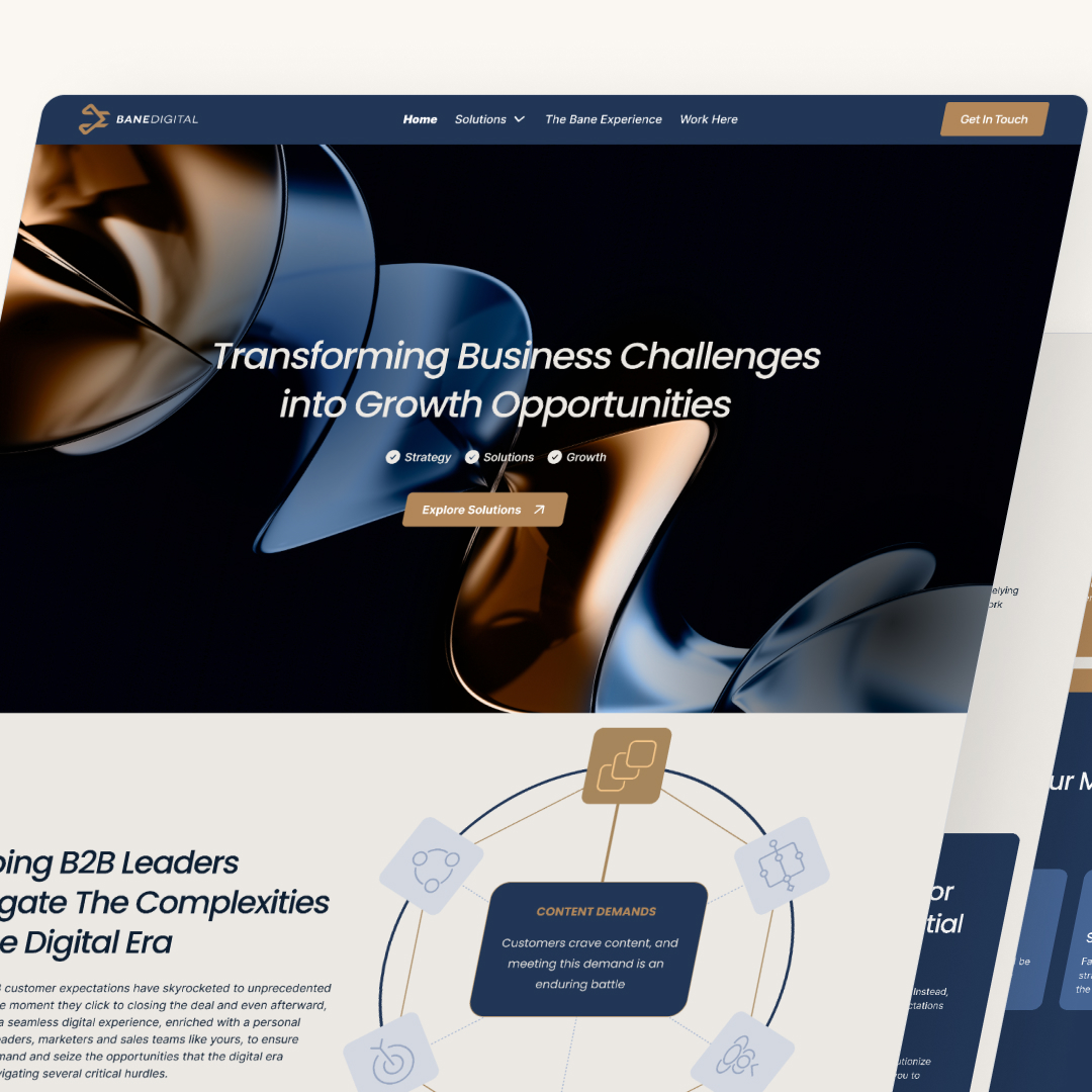 Close-up of a website homepage displaying abstract metallic shapes with text: Transforming Business Challenges into Growth Opportunities. The navigation menu at the top includes Home, Solutions, and a Get in Touch buttonโhighlighting our design subscription service.