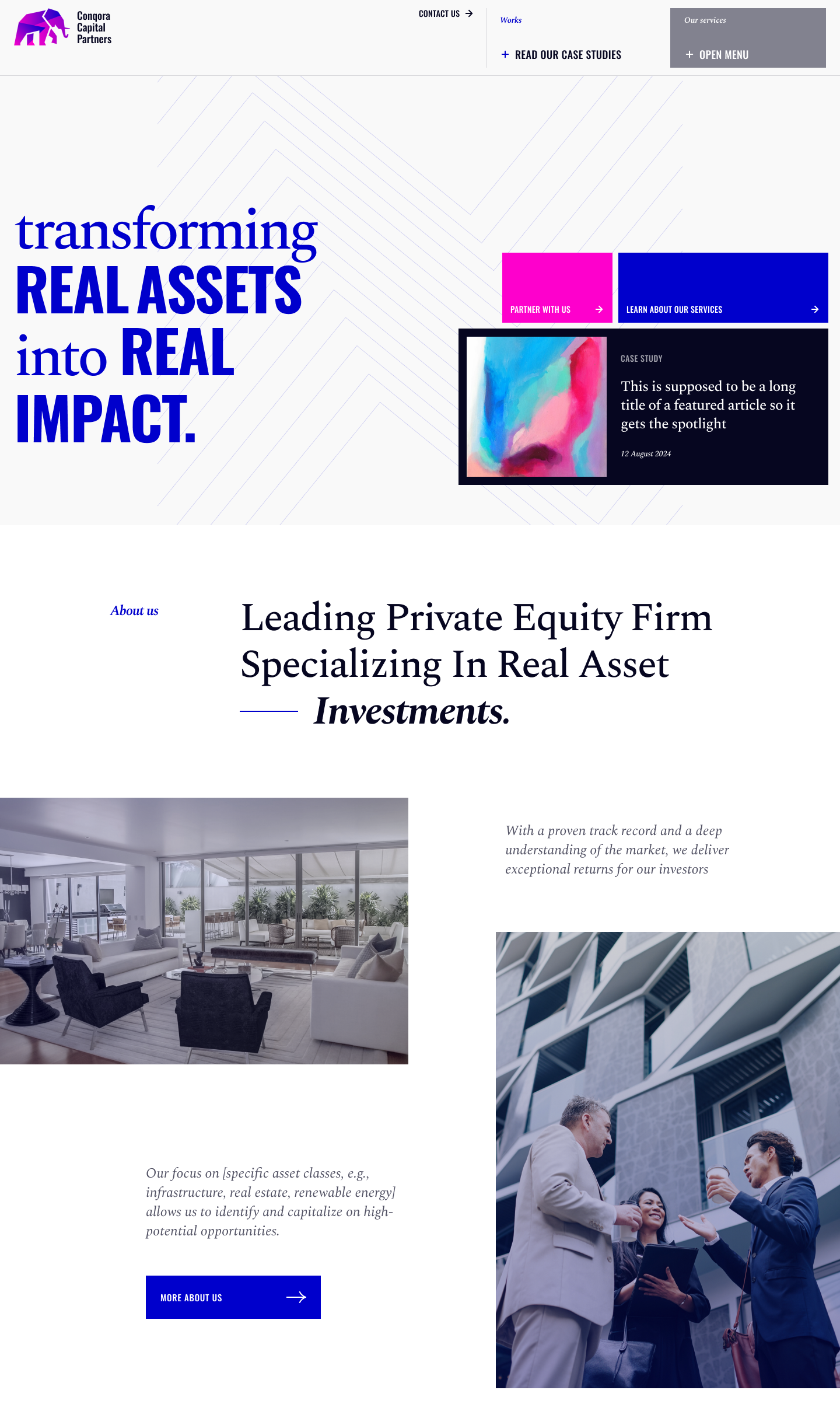 Discover our private equity firmโs homepage, elegantly designed with a purple and white palette. Boldly stated, transforming real assets into real impact, it showcases our services and case studies. Experience the modern office vibe while exploring our design subscription offerings.