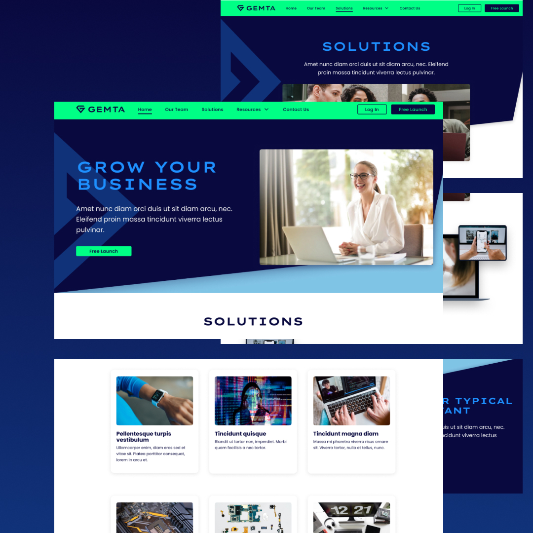 Our website design, available through a design subscription, features a homepage with Grow Your Business text, a top navigation bar, and sections titled Solutions. Images show businesspeople, tech equipment, and office settings. Explore more with just a click.