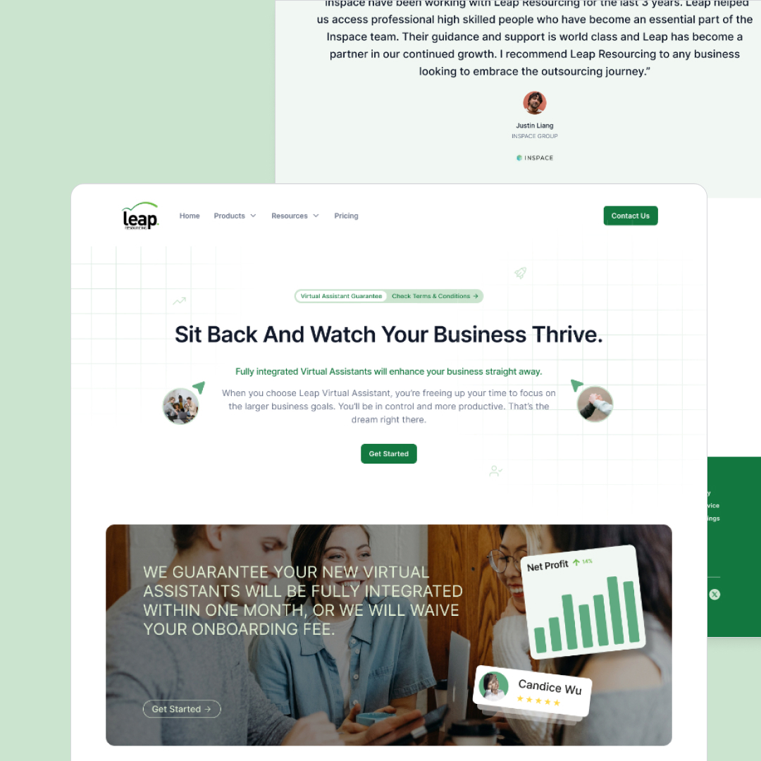 Screenshot of a webpage for Leap, a business offering virtual assistant and unlimited graphic design services. Features include a testimonial, the slogan Sit Back And Watch Your Business Thrive, and a description of their service benefits. A chart shows potential net profit gains.