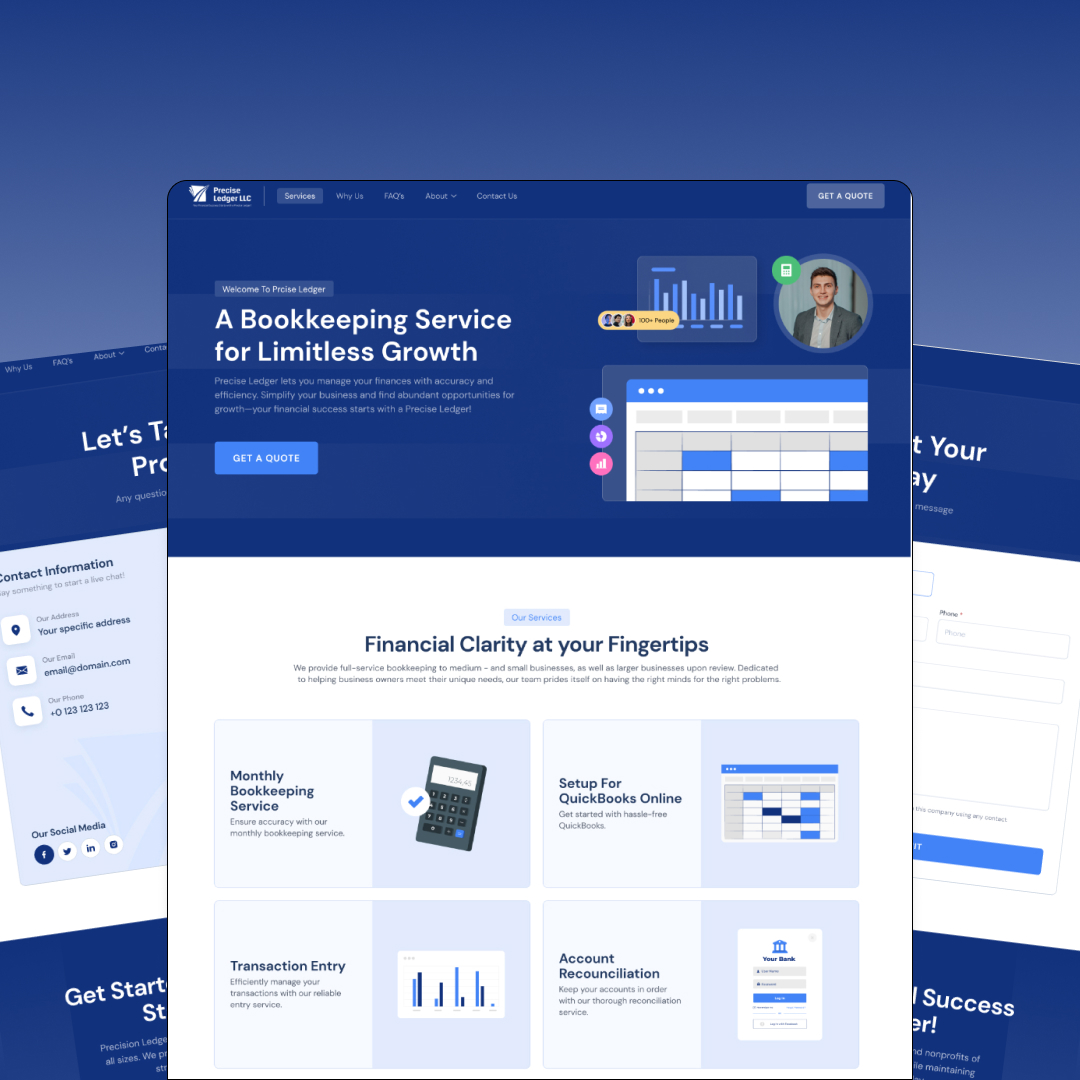 Digital image of a bookkeeping service webpage. Features quotes, financial clarity info, a testimonial with a photo, and service details like monthly bookkeeping, setup for QuickBooks, transaction entry, and account reconciliationโall seamlessly integrated with unlimited graphic design elements.