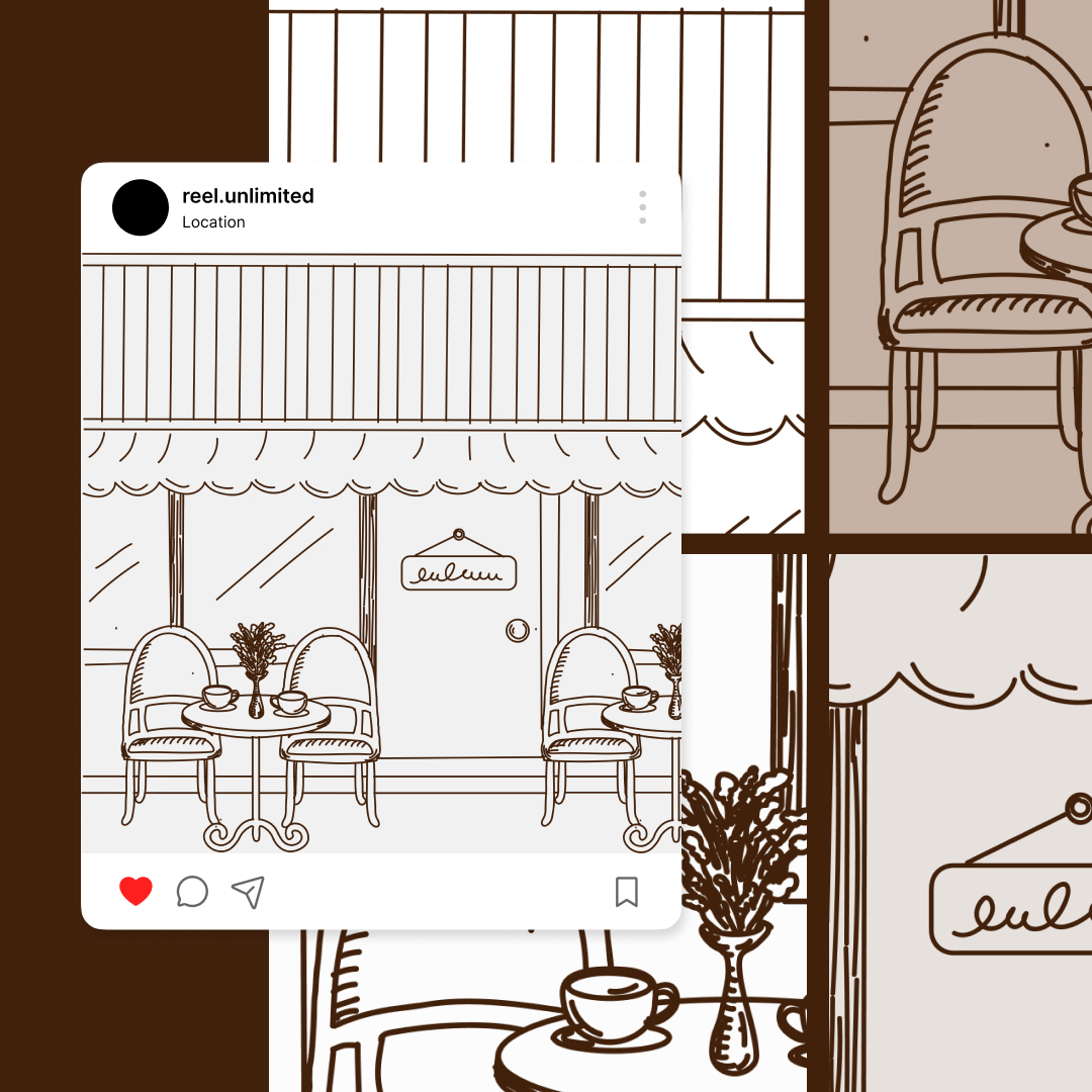 Illustration of a cafรฉ storefront with a striped awning, round tables, and chairs. The cafe sign reads Lulus. An Instagram post overlay shows location and engagement icons. Crafted in a minimalist, sepia-toned style, it showcases the charm of custom illustration services at their finest.