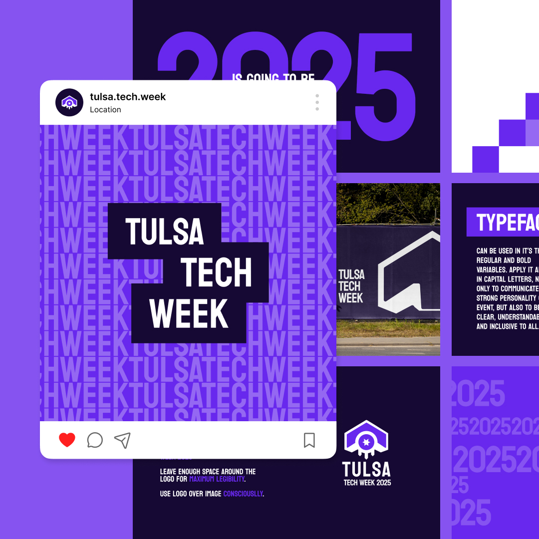 Collage showcasing a Tulsa Tech Week promo image. Features an Instagram post mockup, striking 2025 text, a logo, typography guidelines, and an event banner photoโall in purple and white with hints of unlimited graphic design potential.